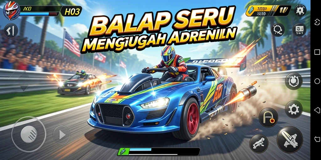 Screenshot utama H03 menampilkan aksi balap yang mendebarkan dengan mobil kustom.