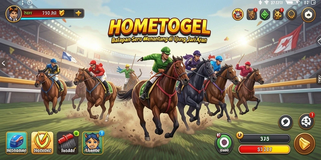 Tampilan gameplay HOMETOGEL dengan mobil balap yang beradu cepat.