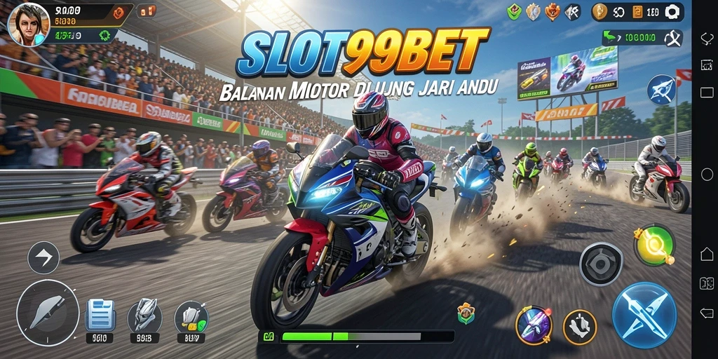 Gameplay SLOT99BET menampilkan balapan motor yang mendebarkan dan seru.